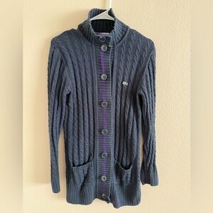 Lacoste Women’s Navy and Purple Cable Knit Cardigan Sweater size 42 or Large
